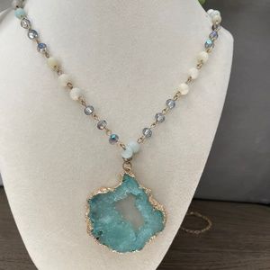 Teal Drusy & Goldtone Beaded Pendant Necklace